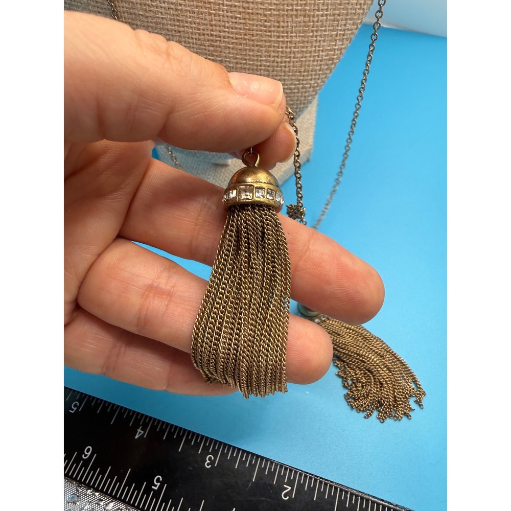 J.Crew Antiqued Gold Tone Double Tassel Lariat Necklace Crystal Accents Long